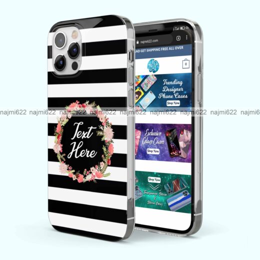 Black White Stripes with Floral Wreath Name Silicone Case