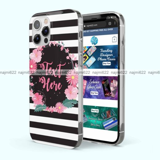 Grey White Stripes and Floral Wreath Name Silicone Case