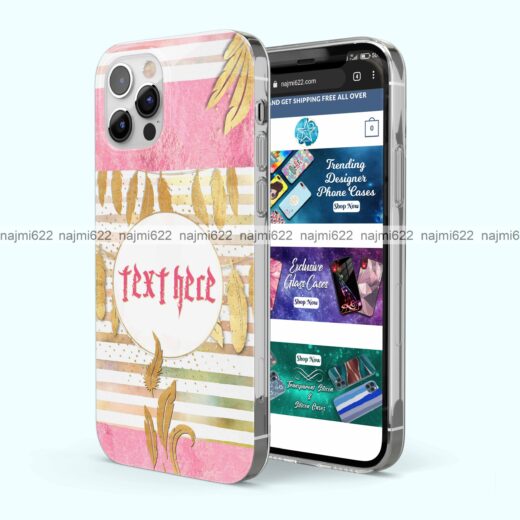 Pink and White Stripes With Golden Feather Name Silicone Case