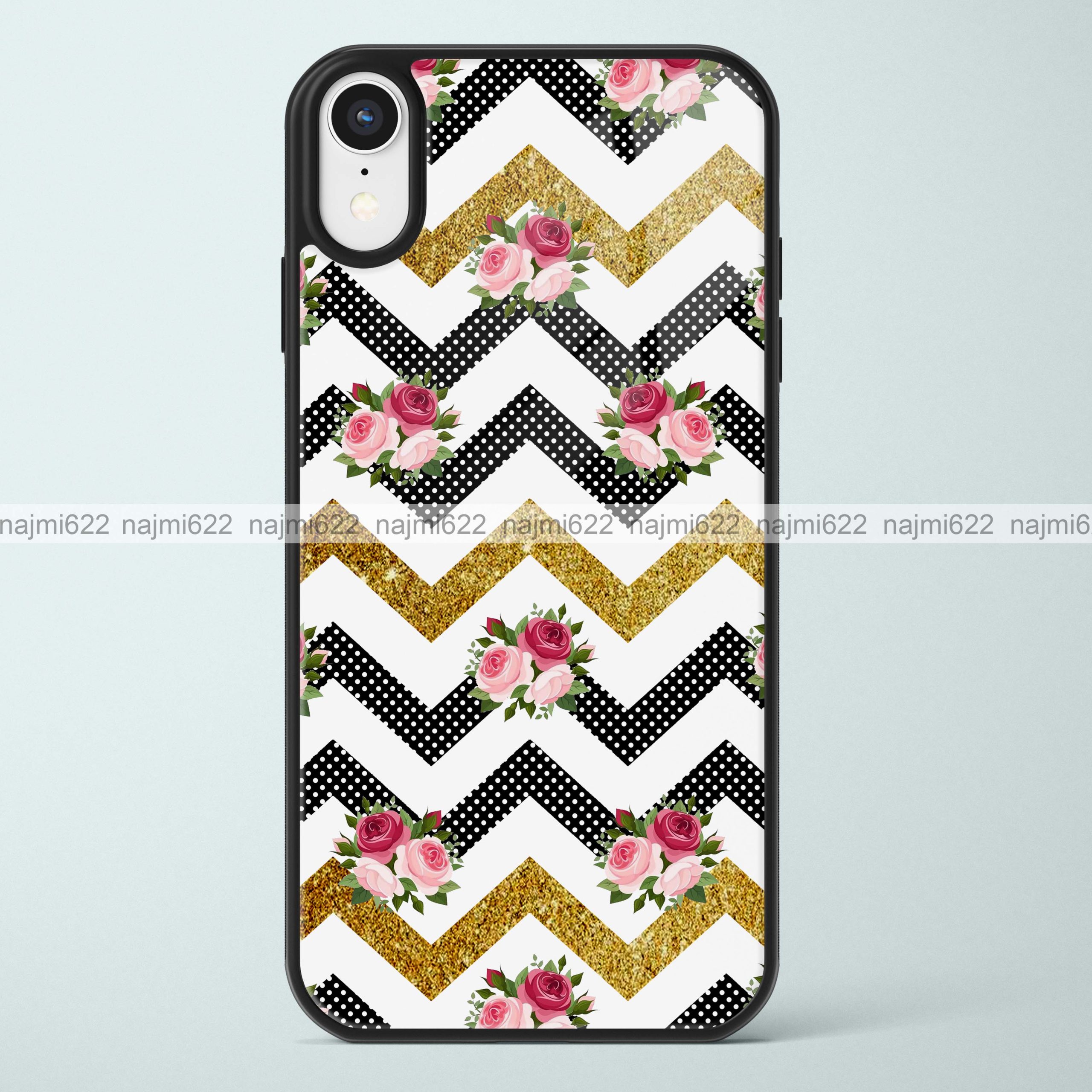 Black Golden Chevron with Roses Glass Case