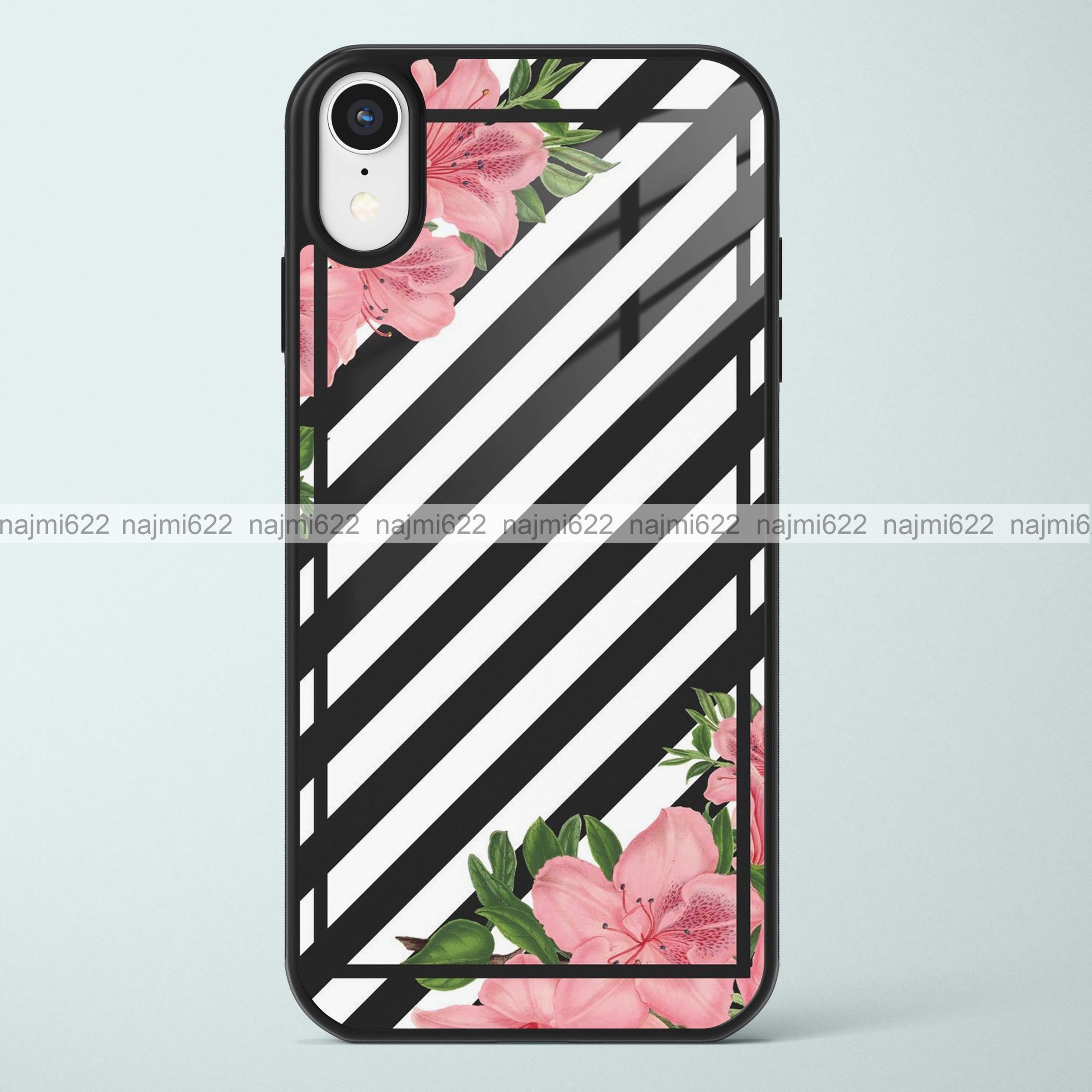 Black and White Stripes with corner Peach Lilies Glass Case