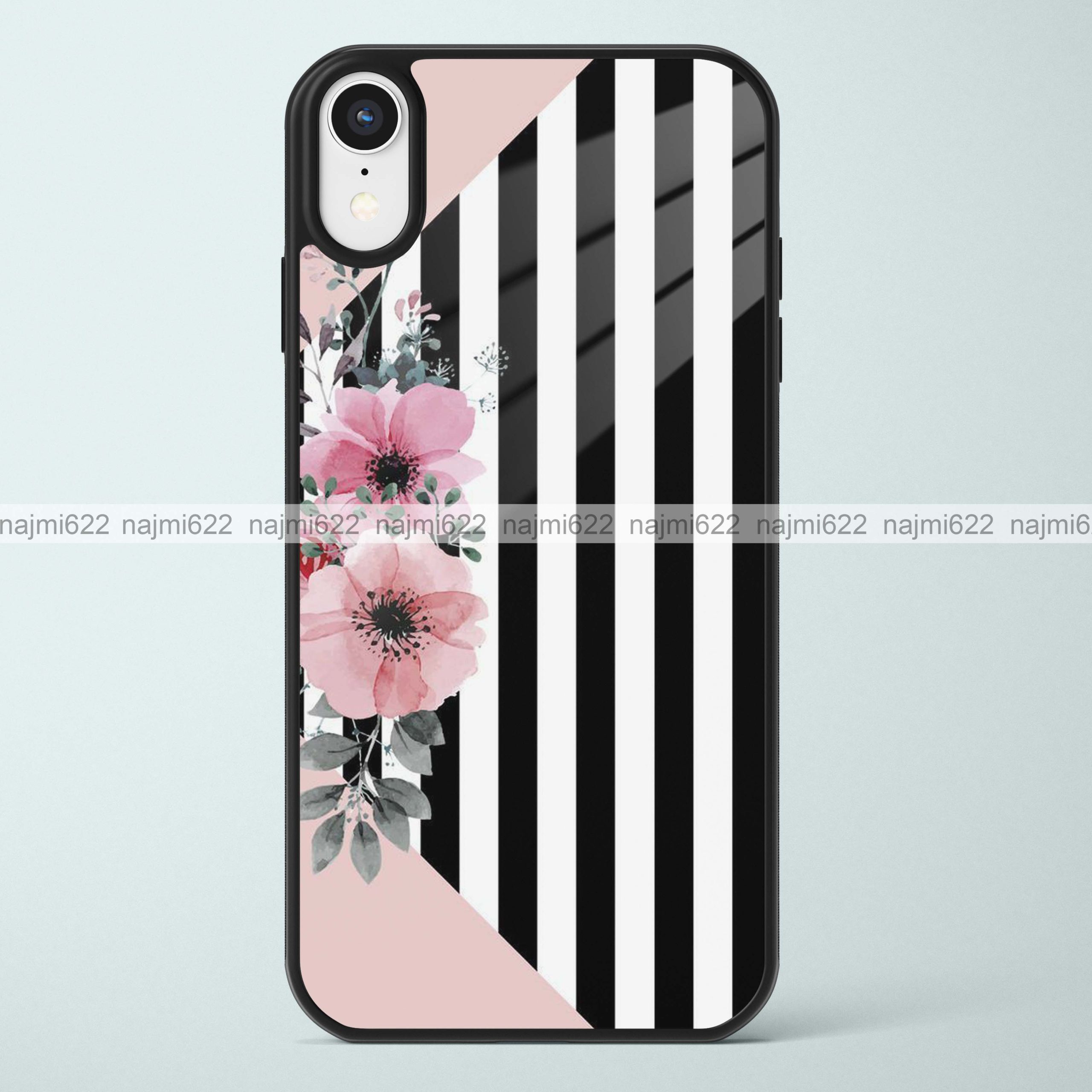Black and White Stripes with side Flowers Glass Case