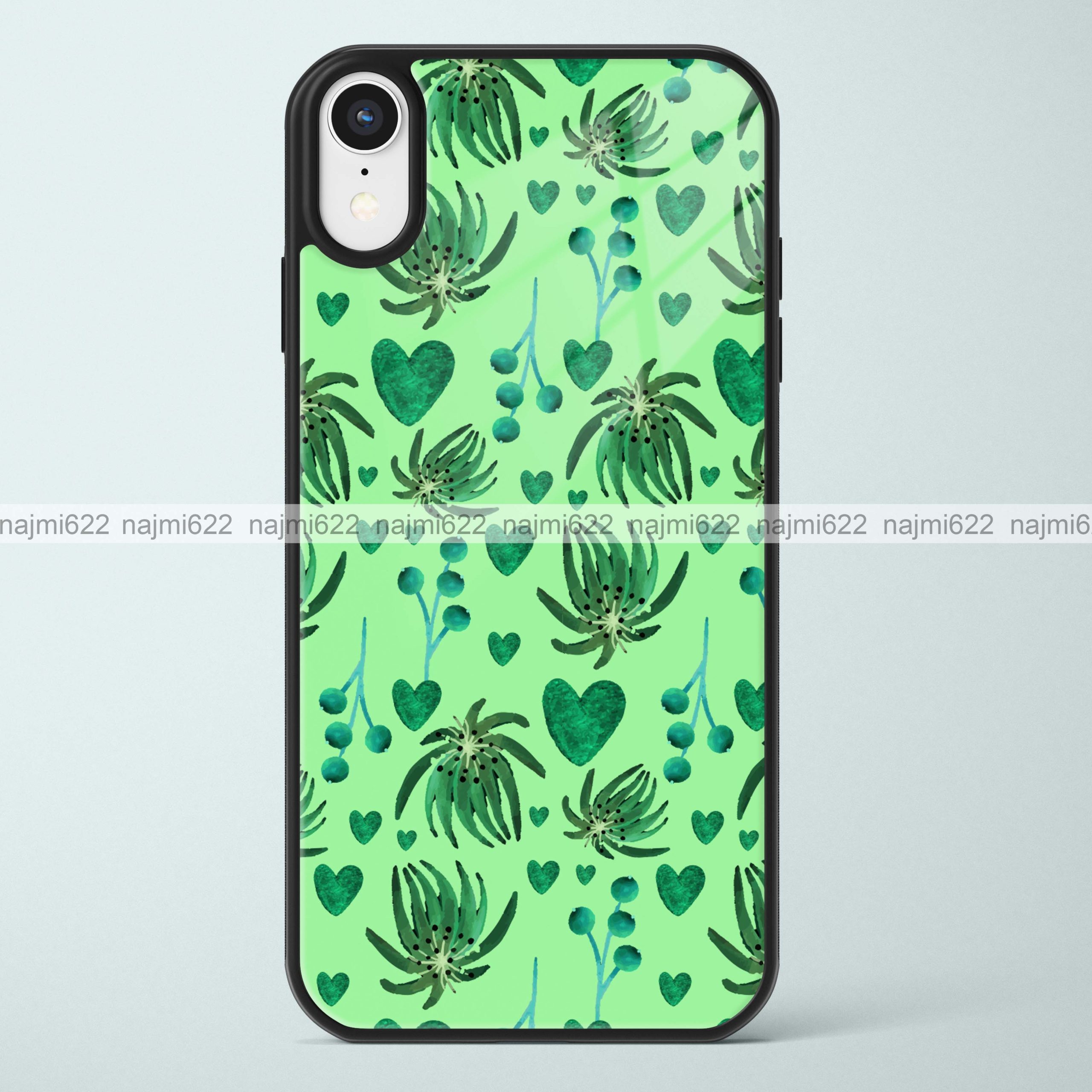 Green Flowers and Hearts Glass Case