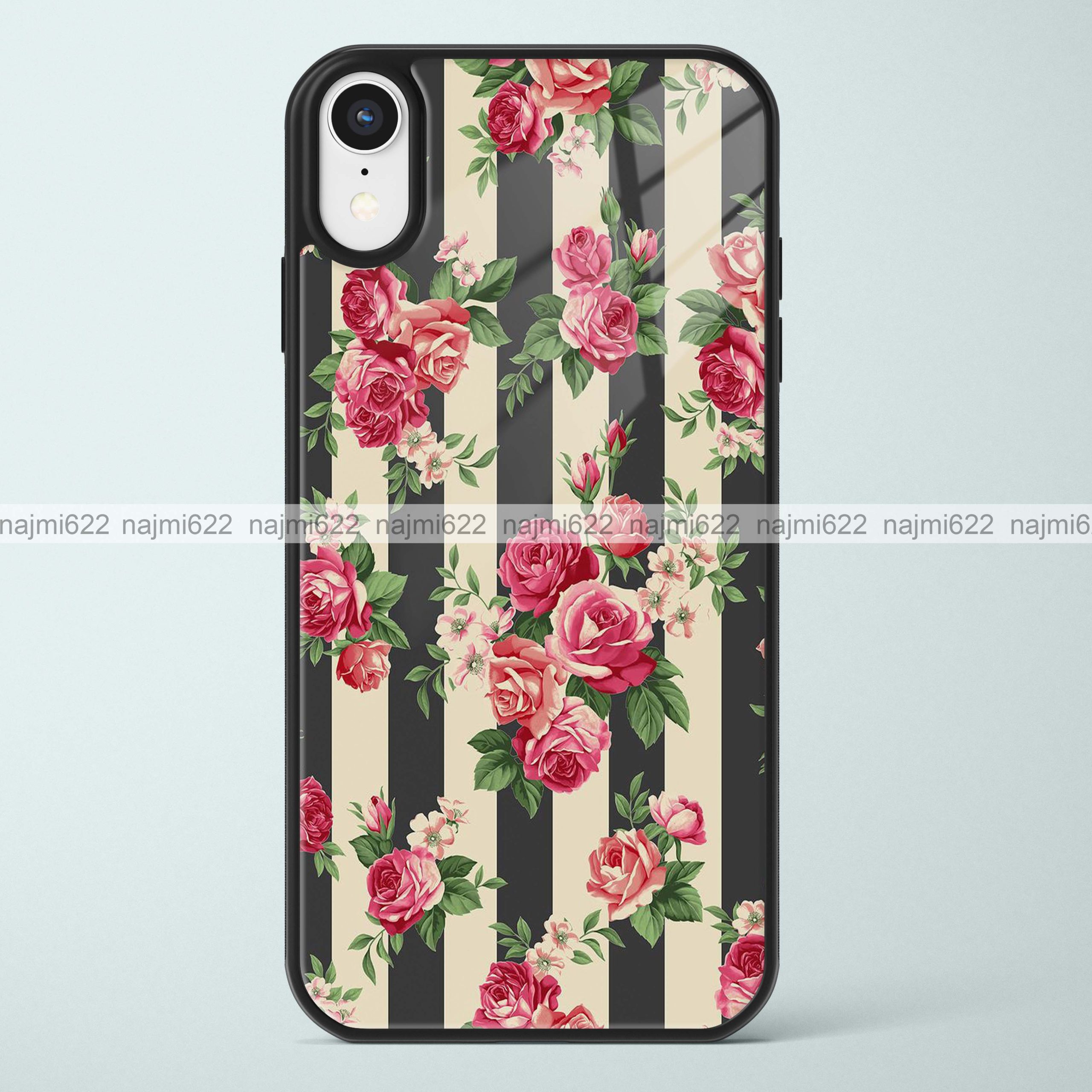 Grey Creme Stripes with Roses Glass Case