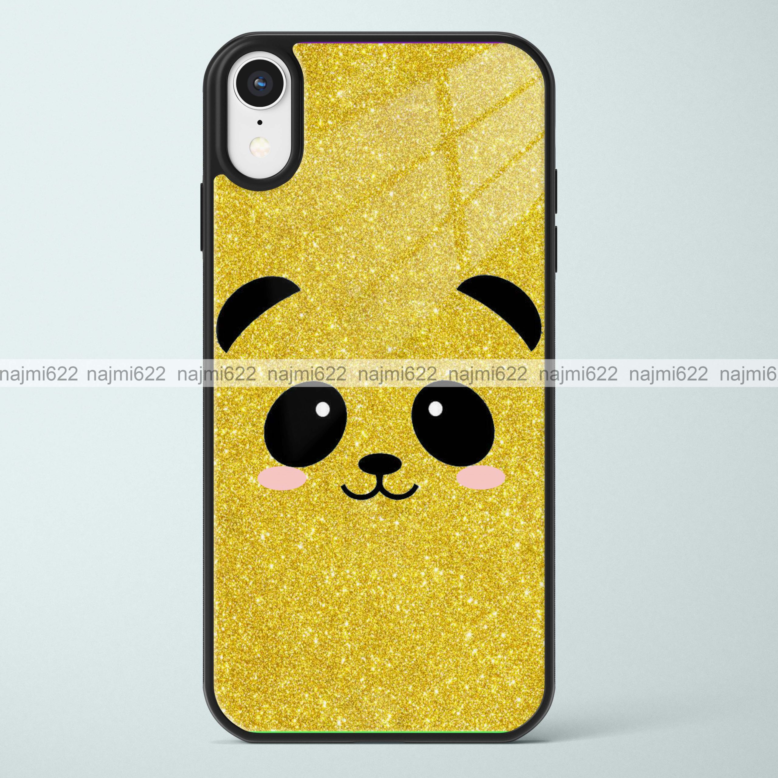 Panda Face on Golden Glitter Glass Case
