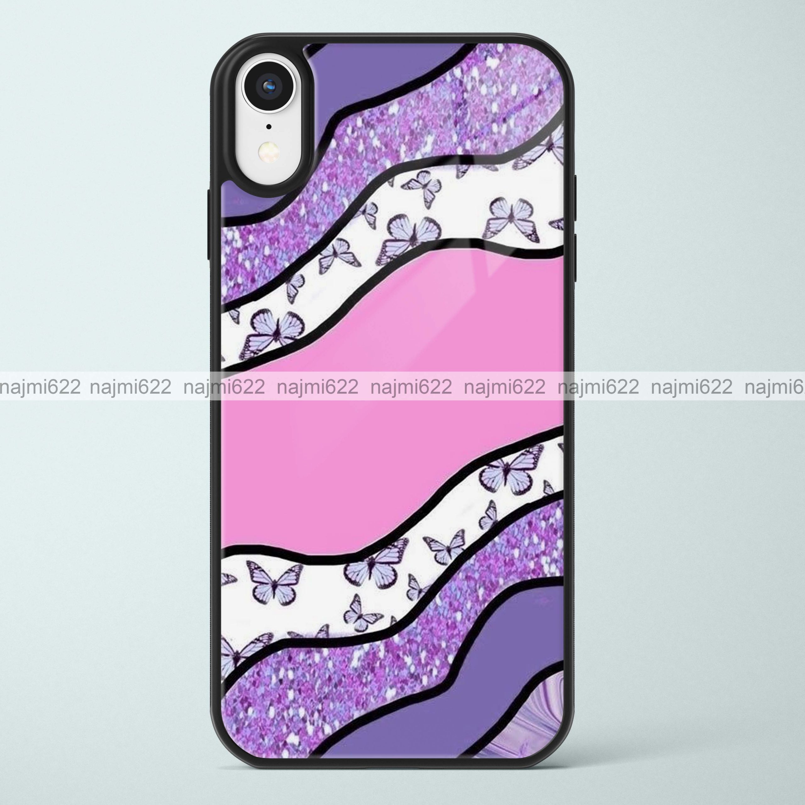 Purple Glitter and Butterfly Glass Case