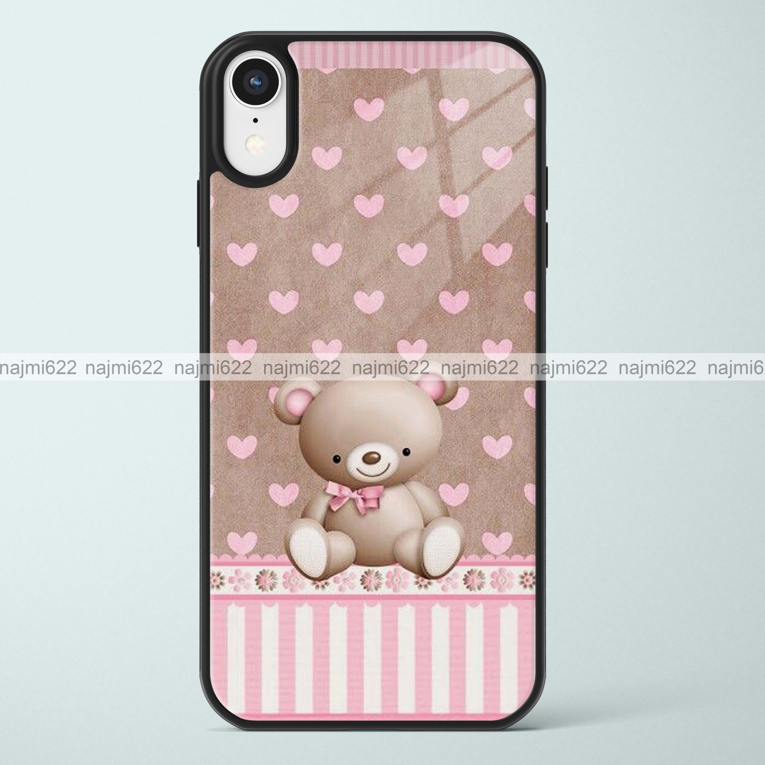 Teddy with Pink Hearts Glass Case